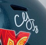 A close-up of a CJ Gardner-Johnson signed Philadelphia Eagles FS Super Bowl LIX replica helmet by Sports Integrity, showing a colorful W decal and white autograph above the sticker.