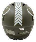 Back view of the CJ Stroud Signed Texans FS Salute To Service Replica Speed Helmet by Sports Integrity, featuring white chevron stripes, American flag decal, "Salute to Service" text, warning label, and Fanatics authentication sticker.