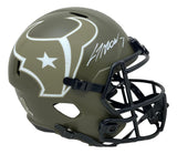 The CJ Stroud Signed Texans FS Salute To Service Replica Speed Helmet by Sports Integrity features a matte olive green finish, white team logo, #7 autograph, and includes black faceguards and straps.