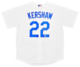 The Sports Integrity Clayton Kershaw Signed Los Angeles Dodgers Nike Baseball Jersey features "KERSHAW" and number 22 in blue, with Kershaw's signature on the number 2. JSA LOA included.
