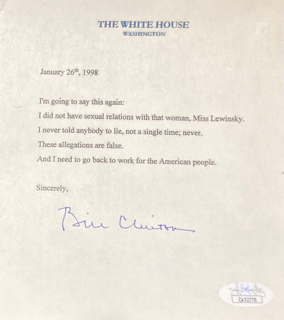 Bill Clinton Signed 5x6 Mock White House Letter Monica Lewinsky JSA ...