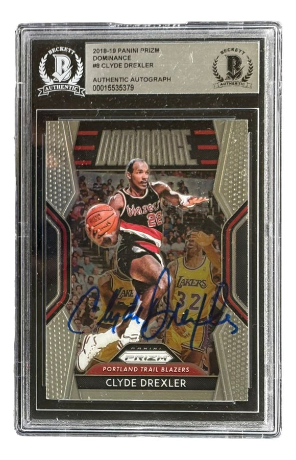 Clyde Drexler Signed 2018/19 Panini Prizm #8 Portland Trailblazers Trading Card BAS