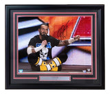 The Sports Integrity CM Punk Signed Framed 16x20 WWE Pipe Bomb Photo features CM Punk sitting cross-legged in the ring, wearing a Stone Cold shirt and yellow boots, speaking into a mic with the WWE logo in the corner.