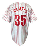 The Sports Integrity Cole Hamels Philadelphia Signed White Baseball Jersey features red pinstripes, HAMELS and 35 in bold red on the back, an autograph on the number 5, and "08 WS MVP" inscription.