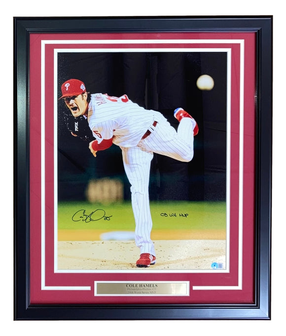 Cole Hamels Signed Framed 16x20 Phillies Vertical Photo 08 WS MVP BAS ITP Sports Integrity