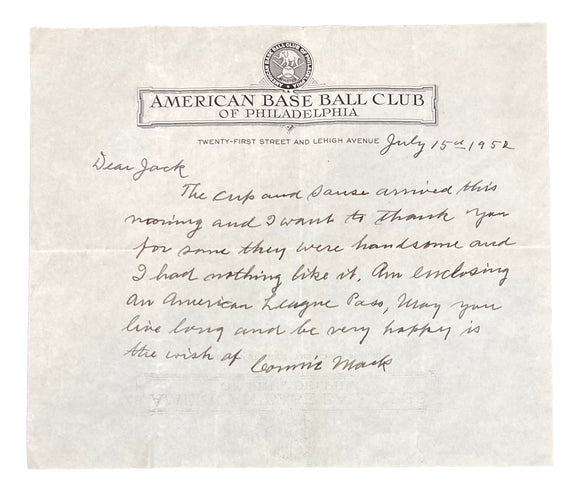 Connie Mack Philadelphia Athletics Signed Hand Written Letter BAS A31889 Auto 10 Sports Integrity