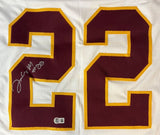 The Sports Integrity Jacory Croskey-Merritt Washington Signed White Football Jersey features large maroon numbers 22 outlined in yellow, a white signature with #22 on the left number, and a BAS authenticity sticker below the numbers.