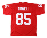 The Sports Integrity Cuba Gooding Jr Jerry Maguire Tidwell football jersey features "TIDWELL" and "85" in white on red, with signatures on the number 8 and sleeves, and comes authenticated by BAS.