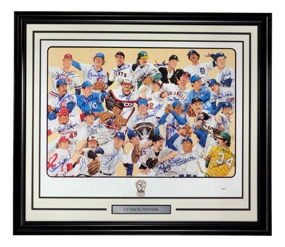 MLB Cy Young Winners (26) Signed Framed 20x28 Litho Gibson Seaver & More JSA LOA