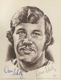 The Sports Integrity Dave Schultz Signed 8x10 Philadelphia Flyers Photo (JSA AL44177) features a black-and-white portrait of Schultz with wavy hair and mustache, smiling, plus signatures in blue ink and black print below the image.