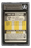 The Sports Integrity Dennis Rodman Signed 1990/91 Fleer #59 Detroit Pistons Trading Card is authenticated by BAS and features player stats, a brief bio, and the Fleer 59 logo, all professionally graded and encased.