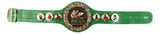 The Deontay Wilder Signed Full Size Replica Boxing Championship Belt by Sports Integrity features a green strap, large gold central plate with flags, boxer photos on each side, and a black signature on the left strap.