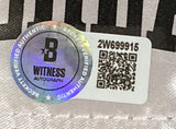A Beckett Witness Autograph sticker labeled B WITNESS AUTOGRAPH appears next to a white label with code 2W699915 and a QR code on the Deontay Wilder Signed Red Everlast Right Hand Boxing Glove Shadowbox by Sports Integrity.