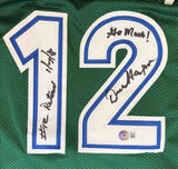 Sports Integrity’s Derek Harper Dallas Signed Green Basketball Jersey #12 features white and blue numbers with black marker signatures, “Ho Man!” message, holographic authentication sticker, and "Go Mavs BAS.
