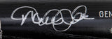 A close-up of the Derek Jeter Yankees Signed Louisville Slugger DJ3K Model Bat by Sports Integrity, showing a bold white signature on its black surface and featuring an MLB hologram.