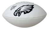 The Sports Integrity DeSean Jackson Signed Philadelphia Eagles Logo Football features a white design with the Eagles logo and a black autograph on the upper left panel.