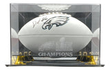 A Devonta Smith signed Eagles logo football by Sports Integrity is showcased in a Fanatics case etched with "Super Bowl 59 LIX.