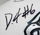 Close-up of a Devonta Smith signed Eagles logo football by Sports Integrity, featuring his autograph and "#6" beside the teal, black, and white logo; includes Fanatics authentication and Super Bowl 59 LIX case.