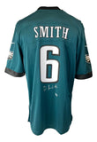 The Sports Integrity DeVonta Smith Signed Philadelphia Eagles Super Bowl 59 Nike Game Jersey features a green design, SMITH and number 6 on the back, an autograph below the number, and Eagles logos on the sleeves.