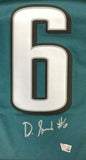 This DeVonta Smith Signed Philadelphia Eagles Super Bowl 59 Nike Game Jersey by Sports Integrity features a teal design, large white number 6 outlined in black, silver autograph with #6 below, and an authentication sticker on the lower right.