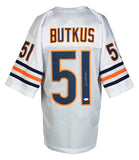 The Sports Integrity Dick Butkus Signed Custom White Pro Style Football Jersey (JSA ITP) features navy/orange accents, #51 with "BUTKUS" on the back, signatures on the number, and striped sleeves displaying #51.