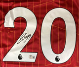 The Diogo Jota Signed Liverpool Nike Soccer Jersey (by Sports Integrity) is a red jersey with thin yellow stripes, a large white number 20 (black outline) signed in black, and the Premier League lion logo at the base of the 2.