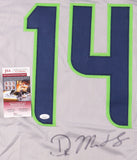 The Sports Integrity DK Metcalf Seattle Signed Gray Football Jersey features number 14 outlined in green and blue, a signature below, and includes a JSA authentication card attached on the left side.