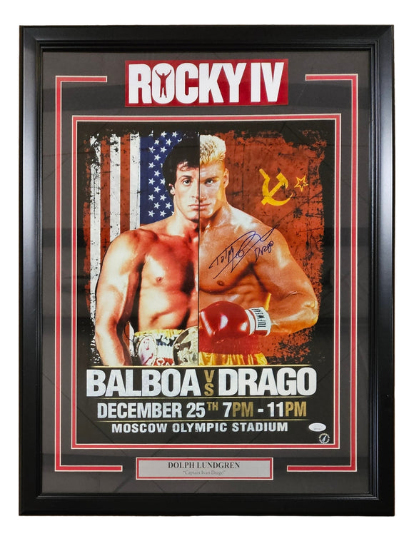 Dolph Lundgren Signed Framed 16x20 Rocky IV Poster Photo Drago Inscribed JSA ITP Sports Integrity