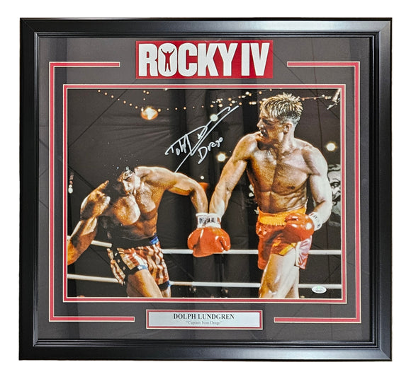 Dolph Lundgren Signed Framed 16x20 Rocky IV Punch Photo Drago Inscribed JSA ITP Sports Integrity