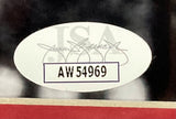 A Sports Integrity Julius Dr J Erving Signed Framed 11x14 Philadelphia 76ers Photo features a JSA oval sticker with a faint “JSA”, stylized signature, and boxed black alphanumeric code AW54969.