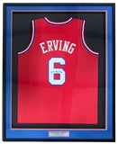 The Sports Integrity Julius Dr J Erving Philadelphia Signed Framed Red Basketball Jersey features white and blue trim, "ERVING" and number 6, a signature on the number, and a nameplate reading Julius Dr. J Erving.