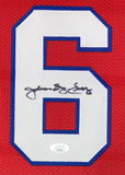 The Sports Integrity Julius Dr J Erving Philadelphia Signed Framed Red Basketball Jersey features a large white number 6 outlined in blue with Dr. J's signature in black and a JSA authentication sticker at the bottom.