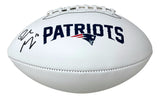 A Drake Maye signed New England Patriots logo football by Sports Integrity features his autograph in black ink on the left side.
