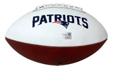 A Drake Maye signed New England Patriots logo football by Sports Integrity, featuring white and brown panels, white laces, the team logo and name, plus a Fanatics authentication sticker below the logo.