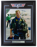 The Sports Integrity Val Kilmer Signed Framed 16x20 Top Gun Movie Photo (JSA) features a man in a flight suit with helmet and jet, plus a plaque reading "Val Kilmer Lt. Tom Iceman Kazansky.