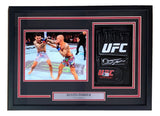 The Sports Integrity Dustin Poirier Signed UFC Fight Glove In Shadowbox BAS includes a signed glove, a match photo of Poirier, and a plaque reading "Dustin Poirier UFC Champion," all accented in red and white.