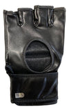 A Dustin Poirier Signed UFC Fight Glove by Sports Integrity, "The Diamond" inscribed with SI COA, is black, fingerless, features an open knuckle area and a wide wrist strap, displayed against a white background.