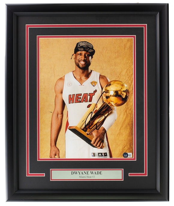 Dwyane Wade Signed Framed 11x14 Miami Heat Championship Trophy Photo BAS Sports Integrity
