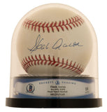 A Hank Aaron Milwaukee Braves Signed National League Baseball by Sports Integrity is displayed in a clear case with BAS Auto 10 grading and a visible blue autograph.