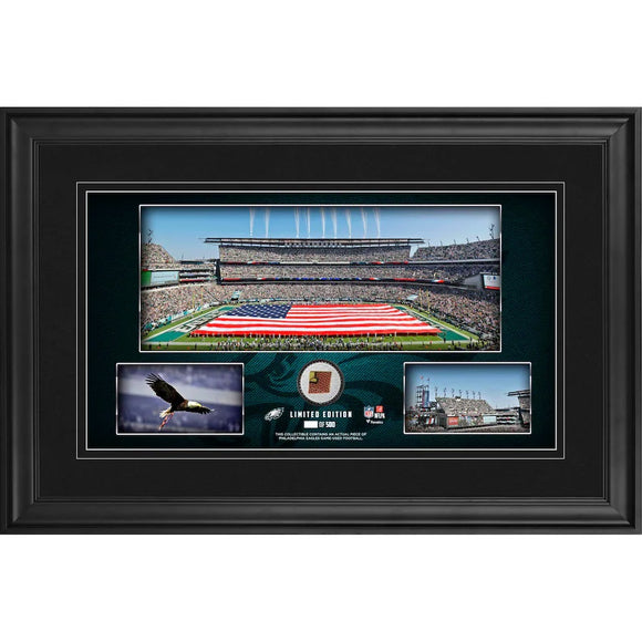 Philadelphia Eagles Framed 10x18 Stadium Panoramic w/ Game Used Football Piece