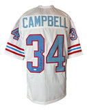 The Sports Integrity Earl Campbell Houston Signed White Football Jersey HOF 91 Tristar features blue and red accents, "Campbell" and number 34 on the back (signed in black), plus number 34 on the sleeves.