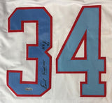 The Sports Integrity Earl Campbell Houston Signed White Football Jersey features large blue and red number 34, with a black autograph and "HOF 91" inscription on the number 3.