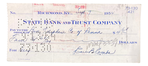 Earle Combs New York Yankees Signed Personal Bank Check BAS Sports Integrity