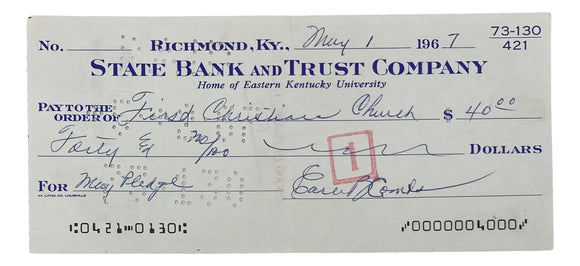 Earle Combs New York Yankees Signed 1967 Personal Bank Check BAS Sports Integrity