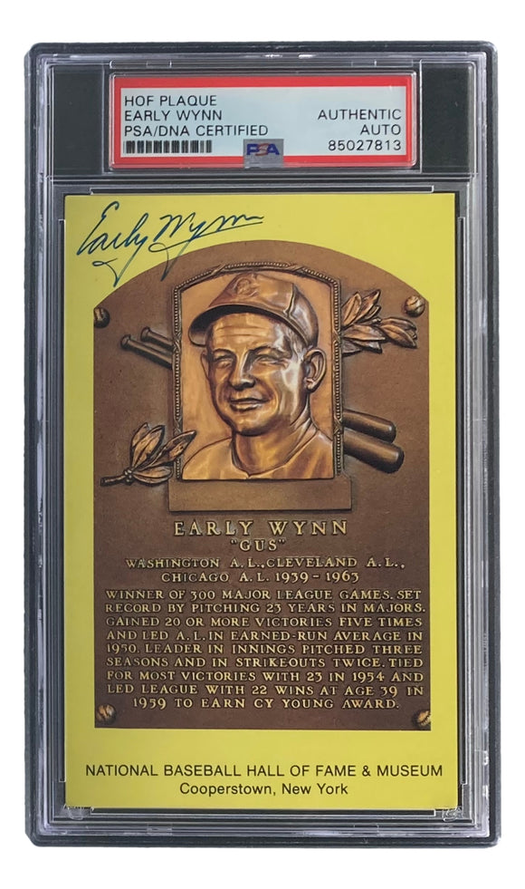 Early Wynn Signed 4x6 Cleveland HOF Plaque Card PSA/DNA 85027813 Sports Integrity