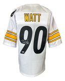 The Sports Integrity TJ Watt Pittsburgh Signed White Football Jersey BAS features yellow and black sleeve stripes, "WATT" and number 90 on the back, and a white marker autograph.
