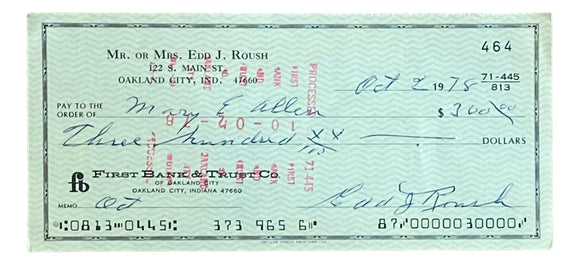 Edd Roush Cincinnati Reds Signed Personal Bank Check #464 BAS Sports Integrity