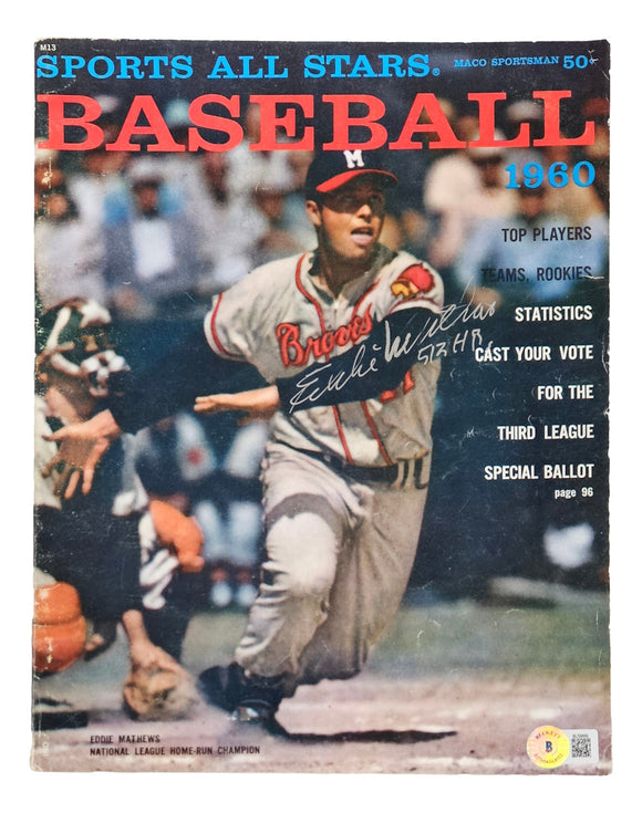 Eddie Mathews Milwaukee Braves Signed 1960 Sports All Stars Magazine 512 HR BAS