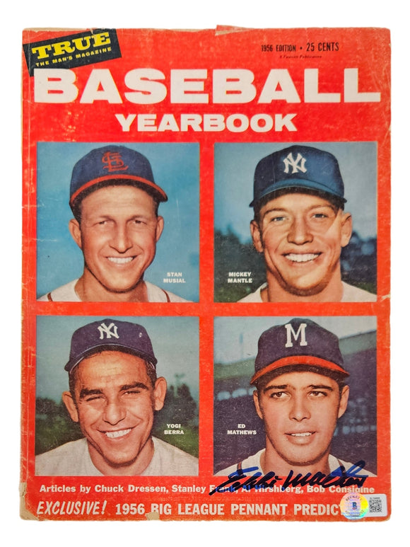 Eddie Mathews Milwaukee Braves Signed 1956 Baseball Yearbook Magazine BAS