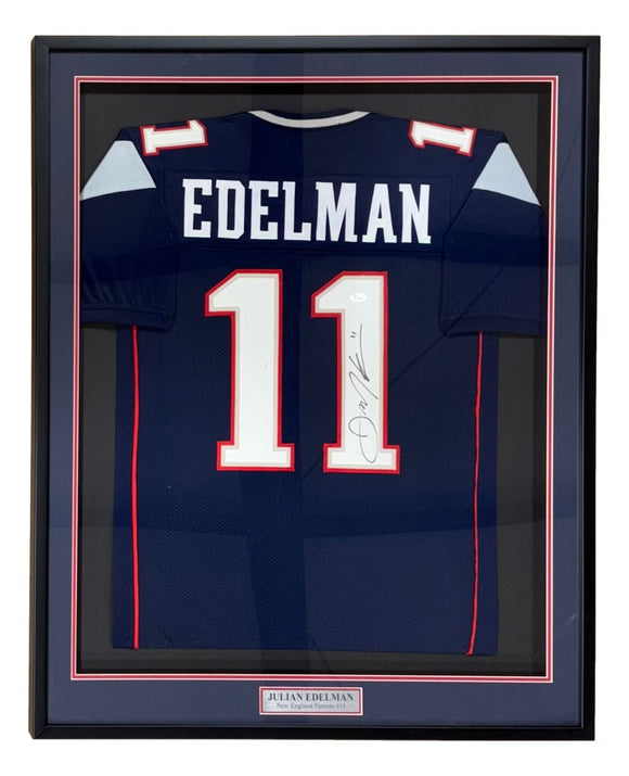 Julian Edelman New England Signed Framed Blue Football Jersey JSA Hologram